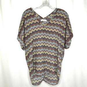 LUSH Womens Blouse Top Size Small Abstract V Neck Tunic Length Blue Cream Red